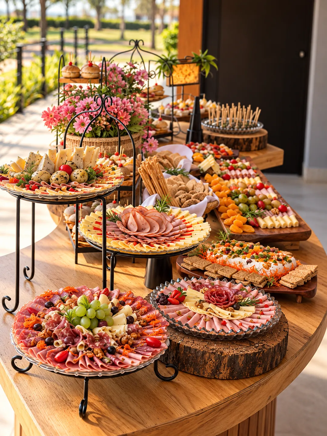 Ilha de frios do D’Faria com tábuas de frios fatiados, queijos, frutas, pães e antepastos em apresentação de buffet